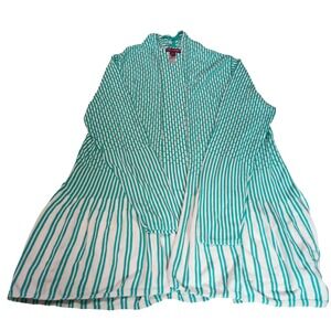 Jessica London Womens Sweater Cardigan Teal White Stripe Open Front Size 18 20